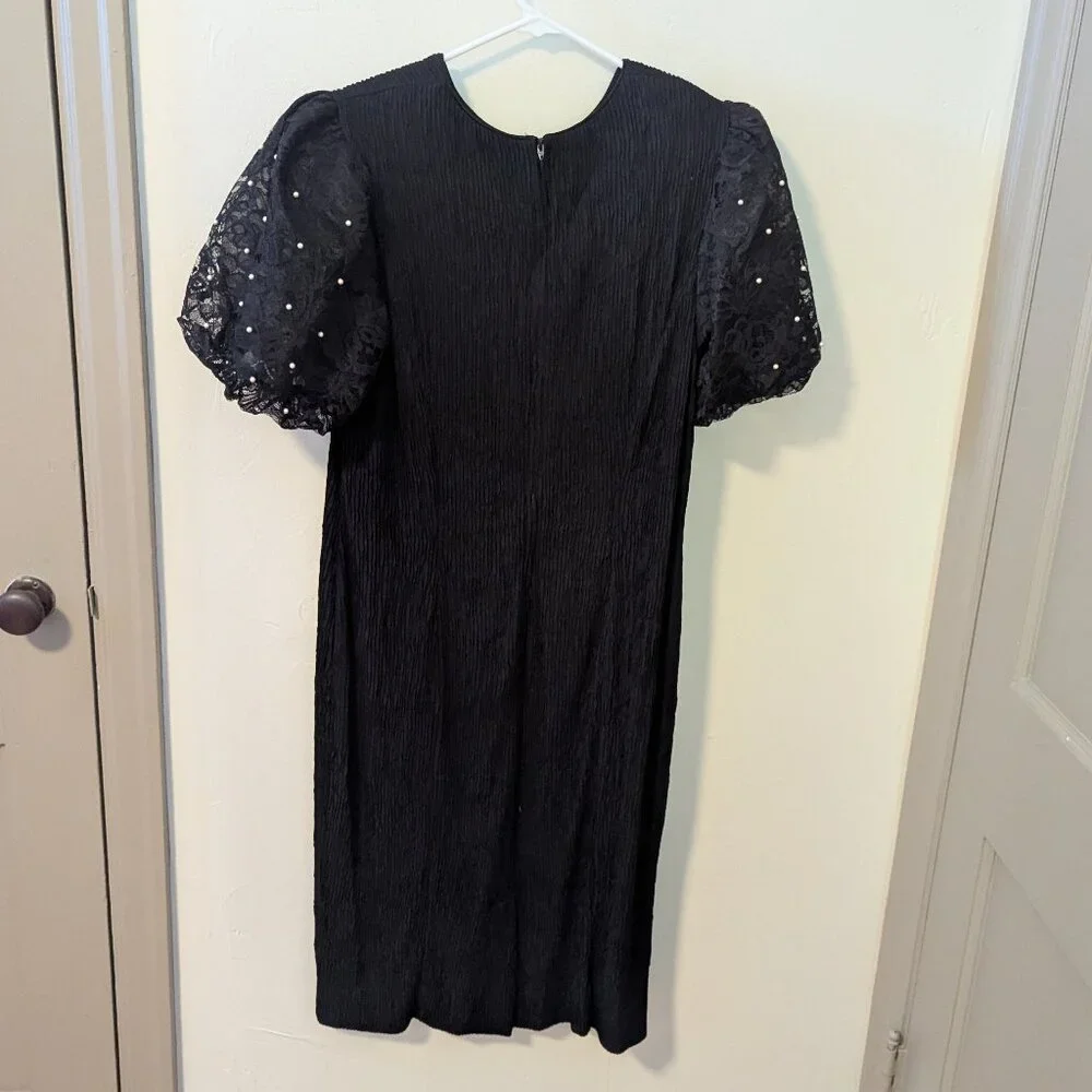 Vintage Lace Pearl Puff Sleeve Leslie Fay Dress Crepe Crinkle 80’s Holiday Party